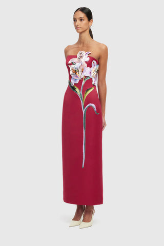 Leo Lin Rayna Appliqué Floral Maxi Dress - Lily Print in Oxblood
