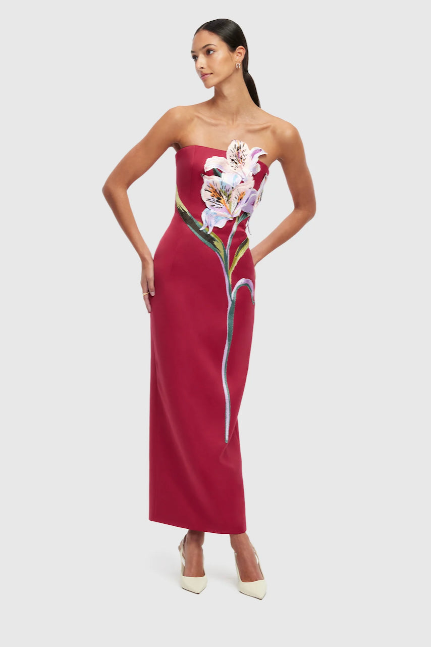 Leo Lin Rayna Appliqu Floral Maxi Dress - Lily Print in Oxblood - Dress Hire AU Leo Lin Rayna Appliqu Floral Maxi Dress - Lily Print in Oxblood - Dress Hire AU