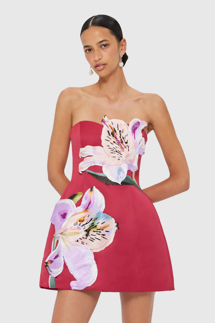 Leo Lin Rosario Appliqué Bustier Mini Dress - Lily Print in Oxblood