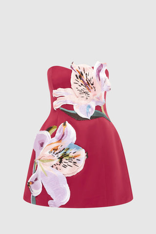 Leo Lin Rosario Appliqué Bustier Mini Dress - Lily Print in Oxblood