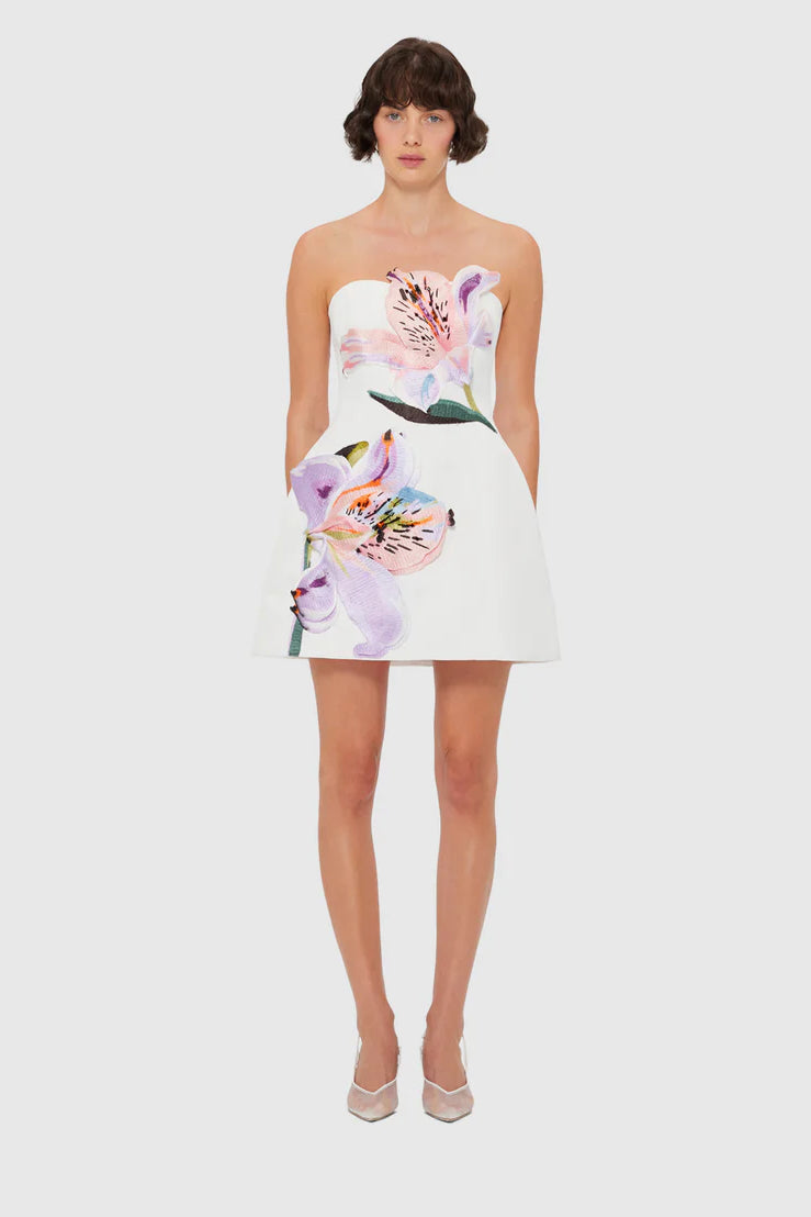 Leo Lin Rosario Appliqué Bustier Mini Dress - Lily Print in Snow