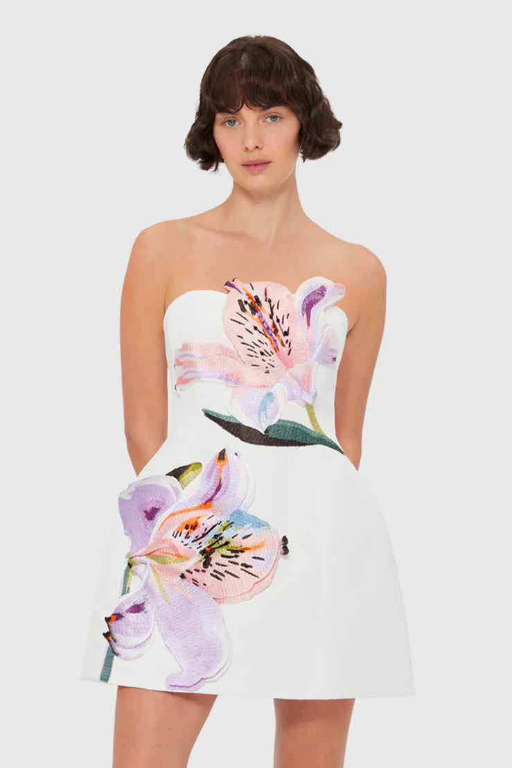 Leo Lin Rosario Appliqu Bustier Mini Dress - Lily Print in Snow - Dress Hire AU Leo Lin Rosario Appliqu Bustier Mini Dress - Lily Print in Snow - Dress Hire AU