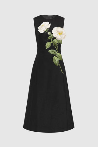 Leo Lin Cleo Embellished Sleeveless Midi Dress - White Rose Print in Black