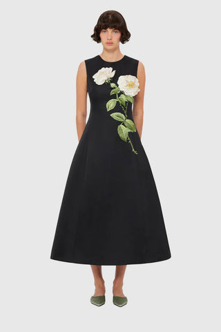 Leo Lin Cleo Embellished Sleeveless Midi Dress - White Rose Print in Black