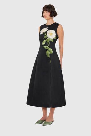 Leo Lin Cleo Embellished Sleeveless Midi Dress - White Rose Print in Black