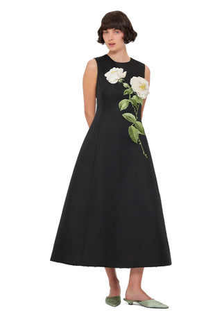 Leo Lin Cleo Embellished Sleeveless Midi Dress - White Rose Print in Black