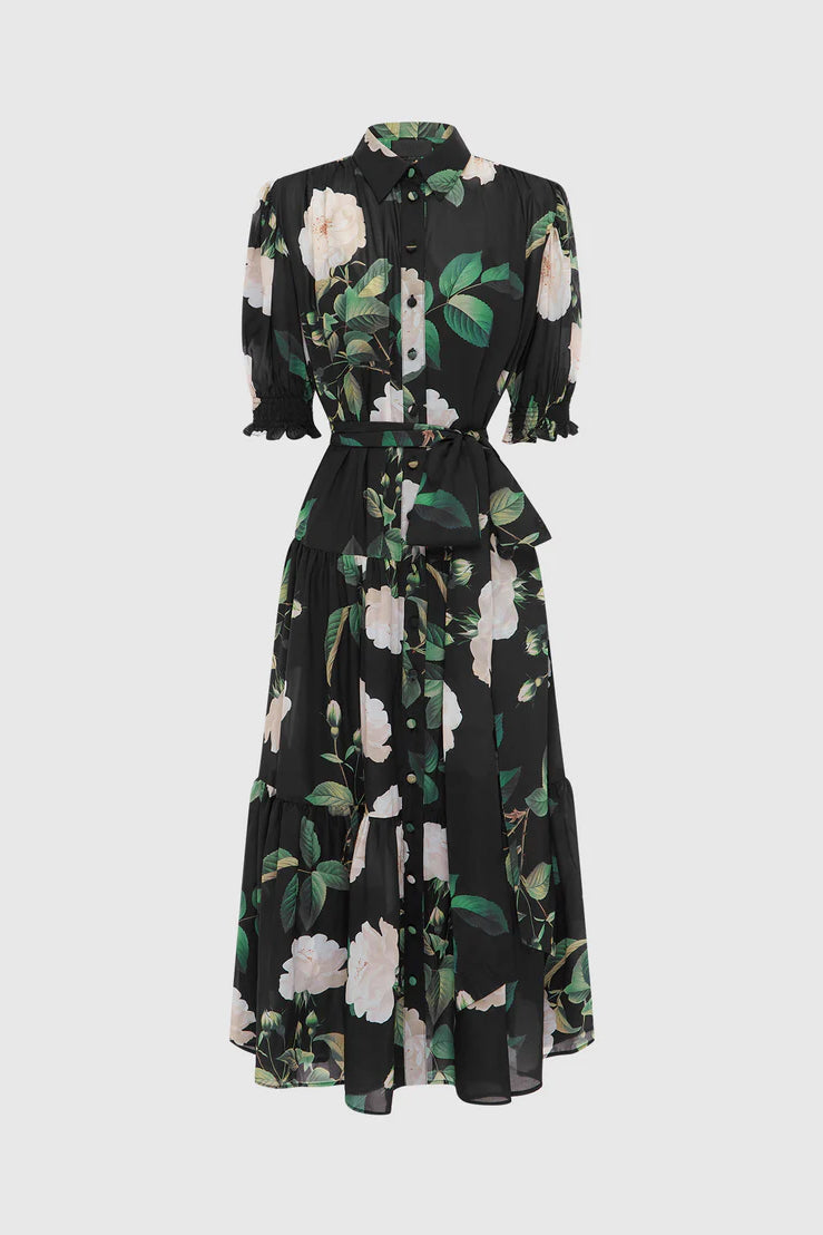 Leo Lin Ellie Bishop Midi Dress - White Rose Print in Black