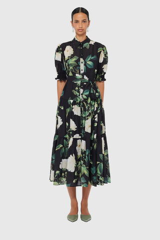 Leo Lin Ellie Bishop Midi Dress - White Rose Print in Black