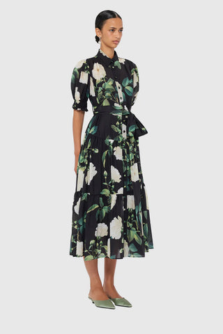 Leo Lin Ellie Bishop Midi Dress - White Rose Print in Black