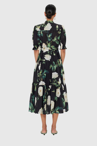 Leo Lin Ellie Bishop Midi Dress - White Rose Print in Black