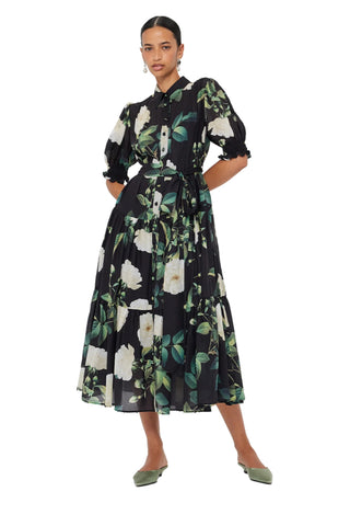 Leo Lin Ellie Bishop Midi Dress - White Rose Print in Black
