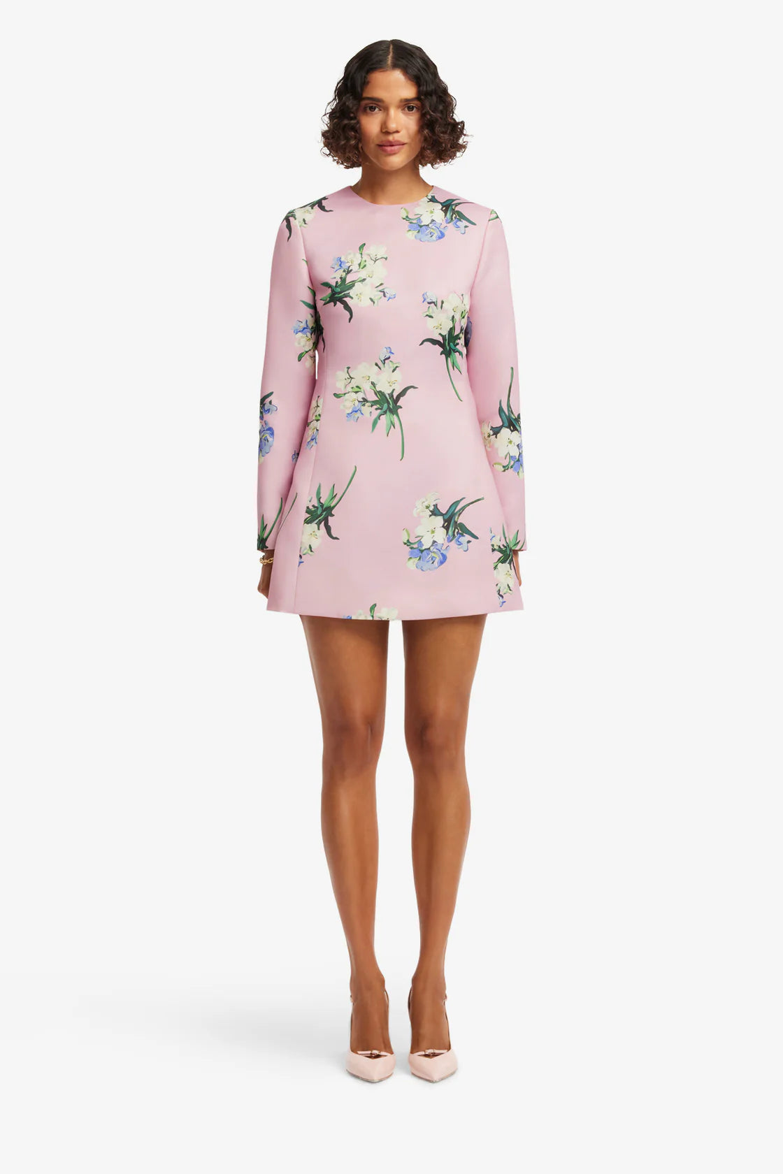 Leo Lin Aliza Long Sleeve Mini Dress - Bouquet Print in Pastel Pink
