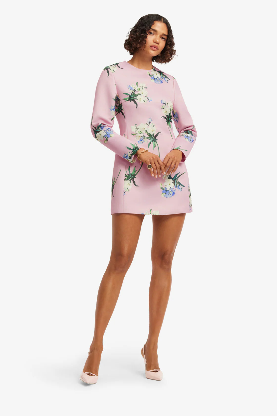 Leo Lin Aliza Long Sleeve Mini Dress - Bouquet Print in Pastel Pink