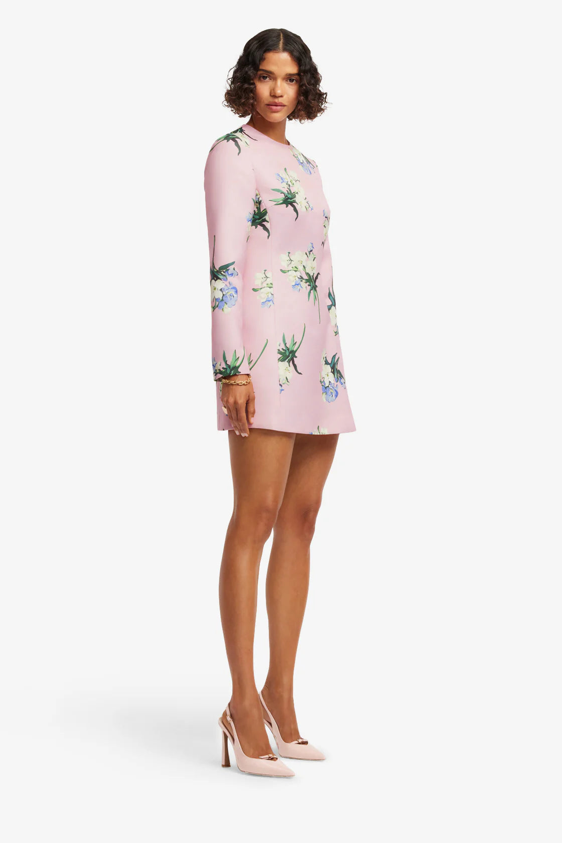 Leo Lin Aliza Long Sleeve Mini Dress - Bouquet Print in Pastel Pink