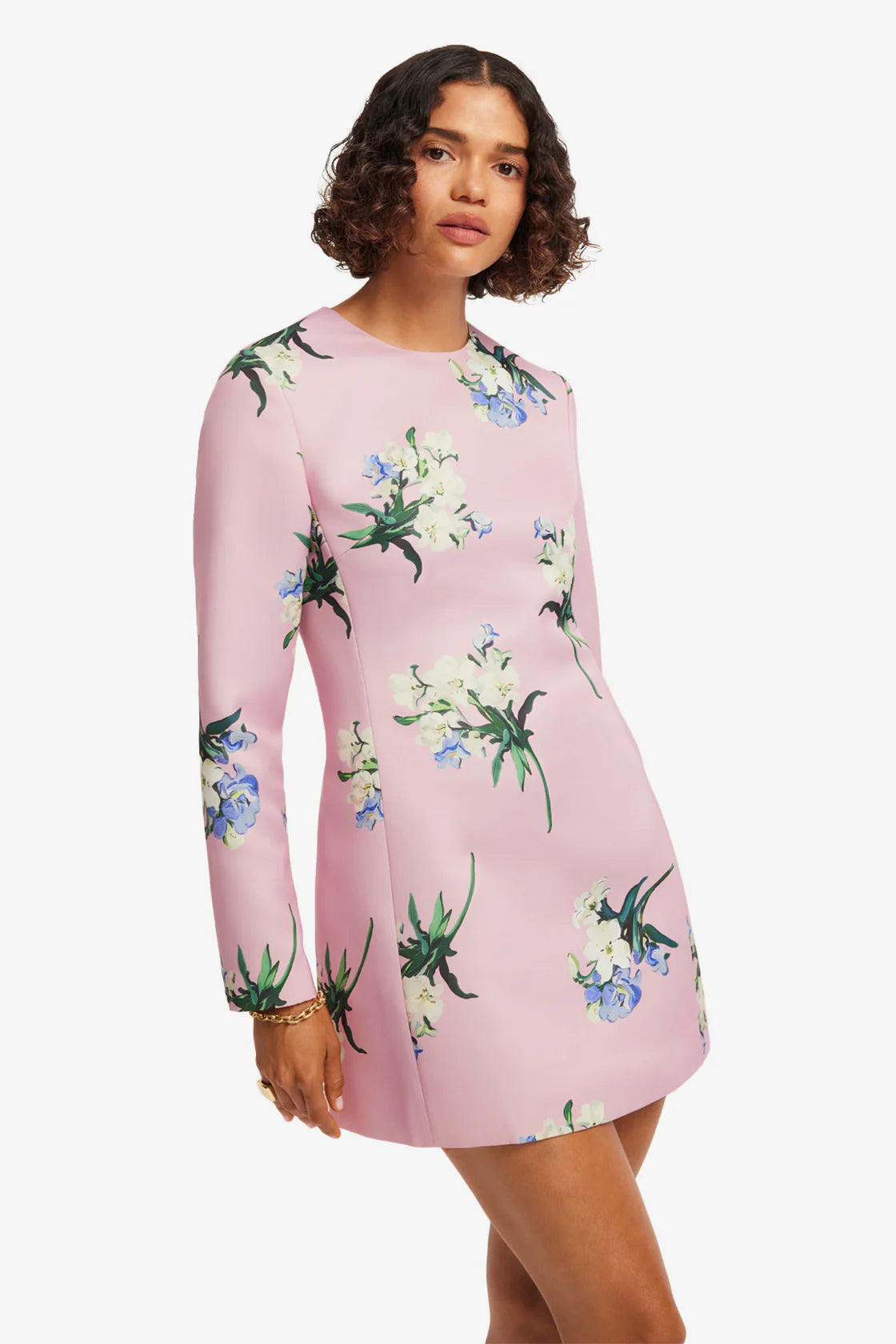 Leo Lin Aliza Long Sleeve Mini Dress - Bouquet Print in Pastel Pink