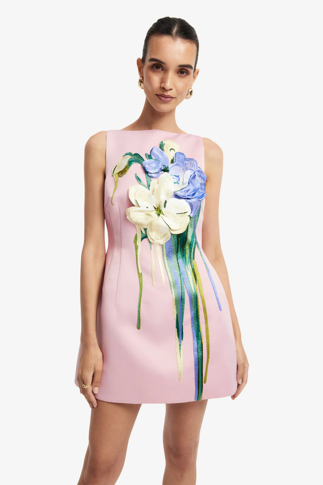 Leo Lin Ali Embroidered Boat Neck Mini Dress - Bouquet Print in Pastel Pink