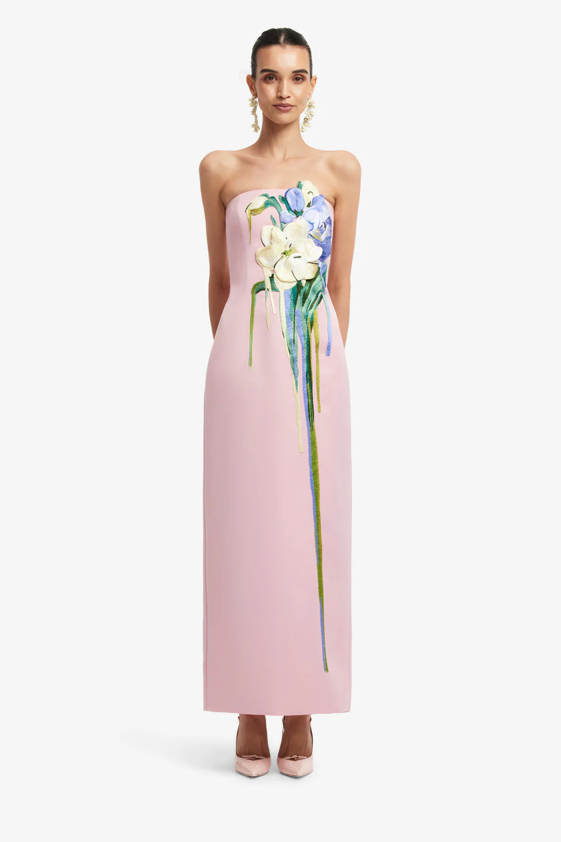 Leo Lin Rayna Embroidered Bustier Maxi Dress - Bouquet Print in Pastel Pink