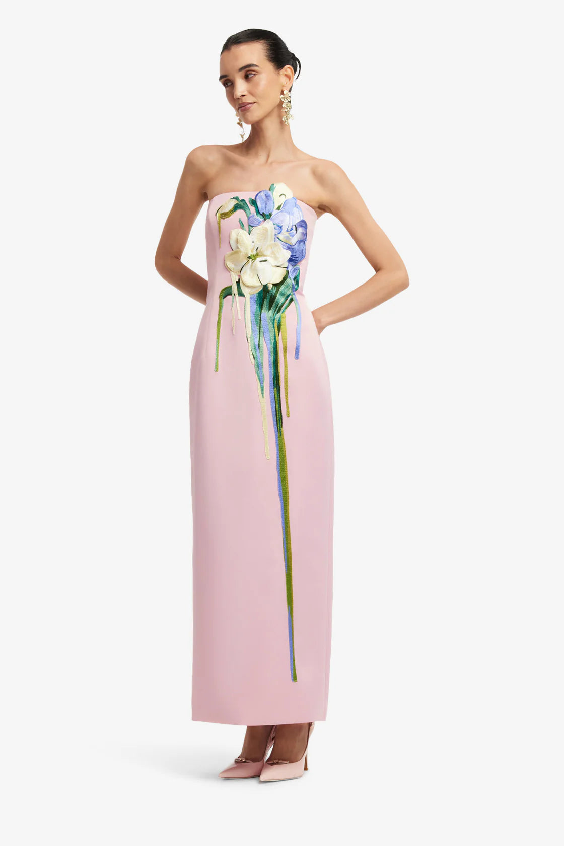 Leo Lin Rayna Embroidered Bustier Maxi Dress - Bouquet Print in Pastel Pink