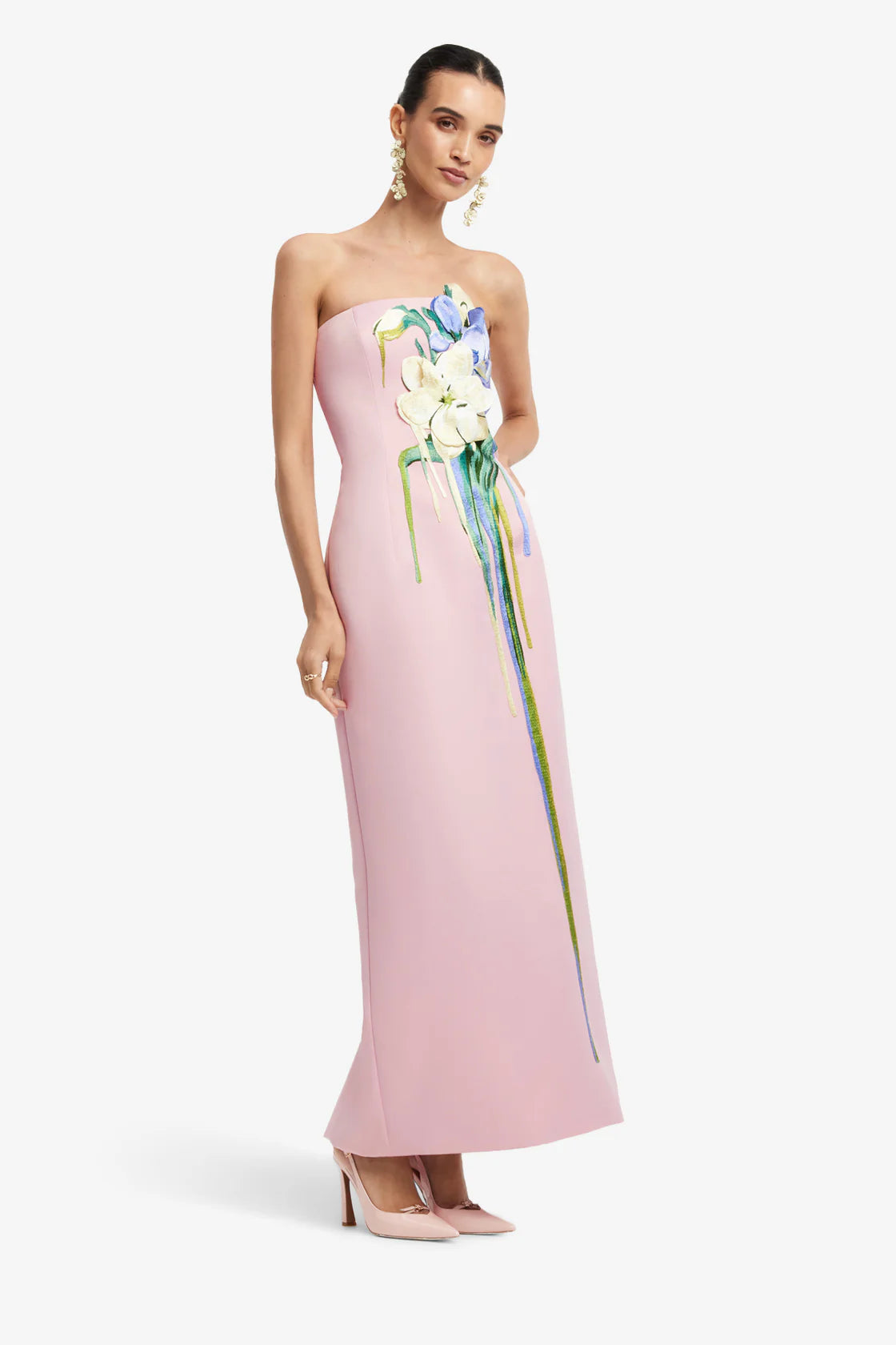 Leo Lin Rayna Embroidered Bustier Maxi Dress - Bouquet Print in Pastel Pink