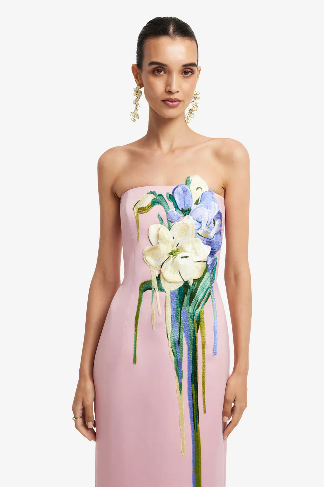 Leo Lin Rayna Embroidered Bustier Maxi Dress - Bouquet Print in Pastel Pink