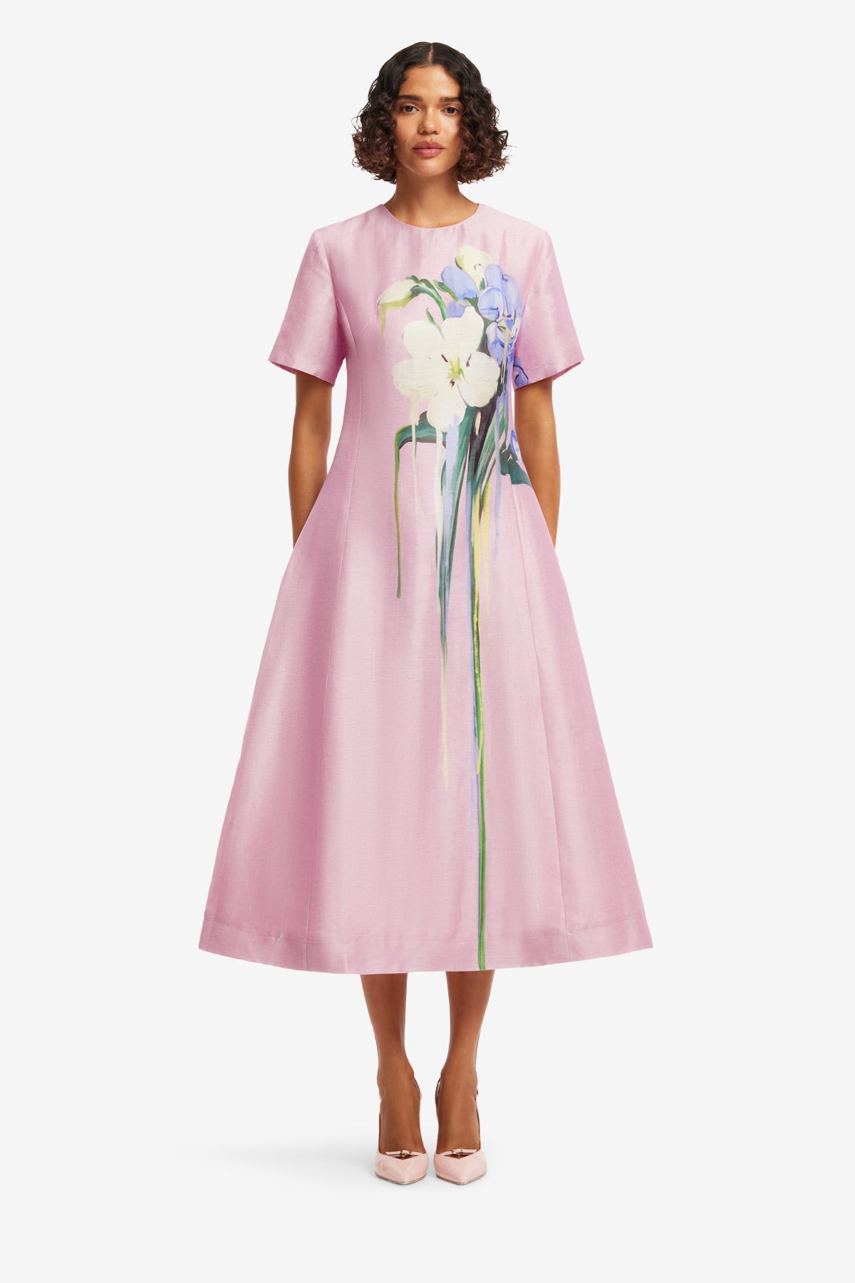 Leo Lin Caroline Short Sleeve Midi Dress - Bouquet Print in Pastel Pink