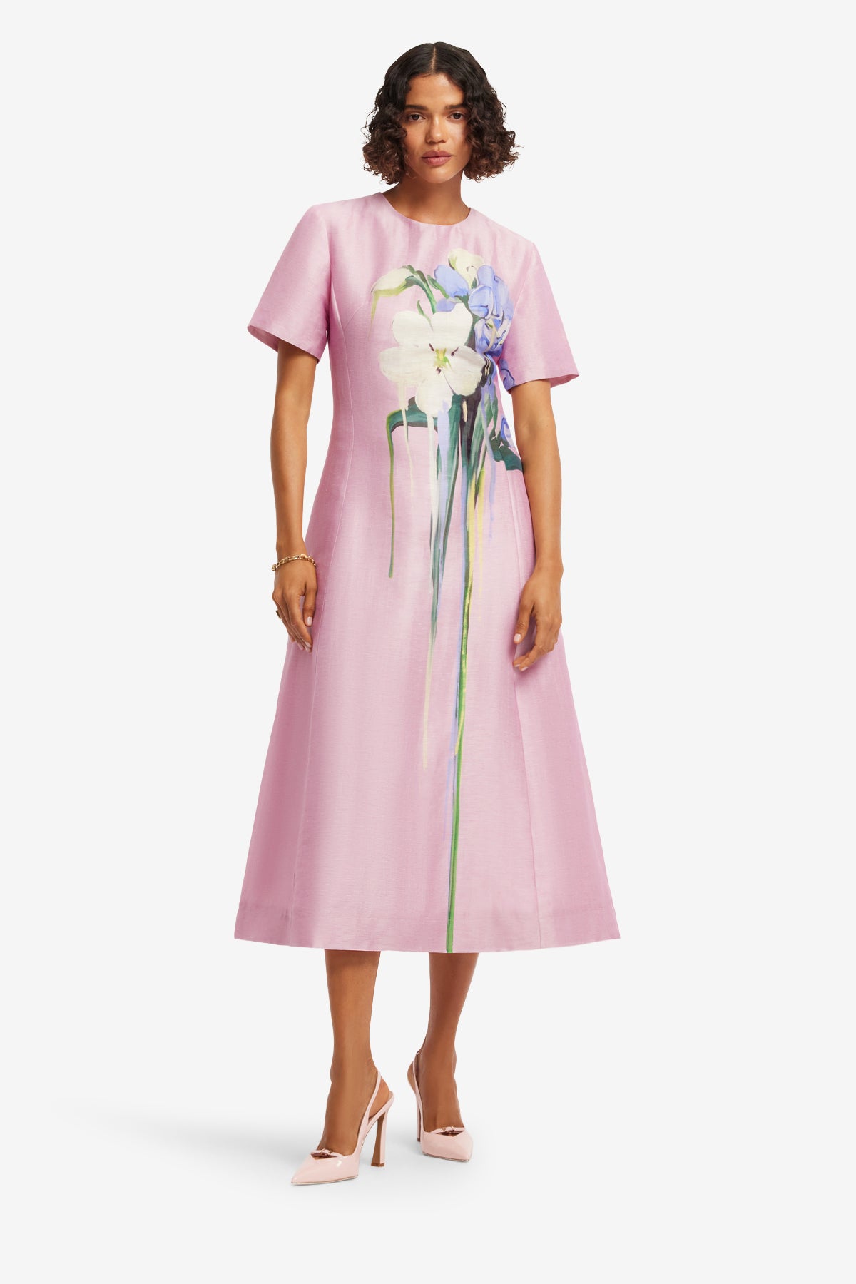 Leo Lin Caroline Short Sleeve Midi Dress - Bouquet Print in Pastel Pink