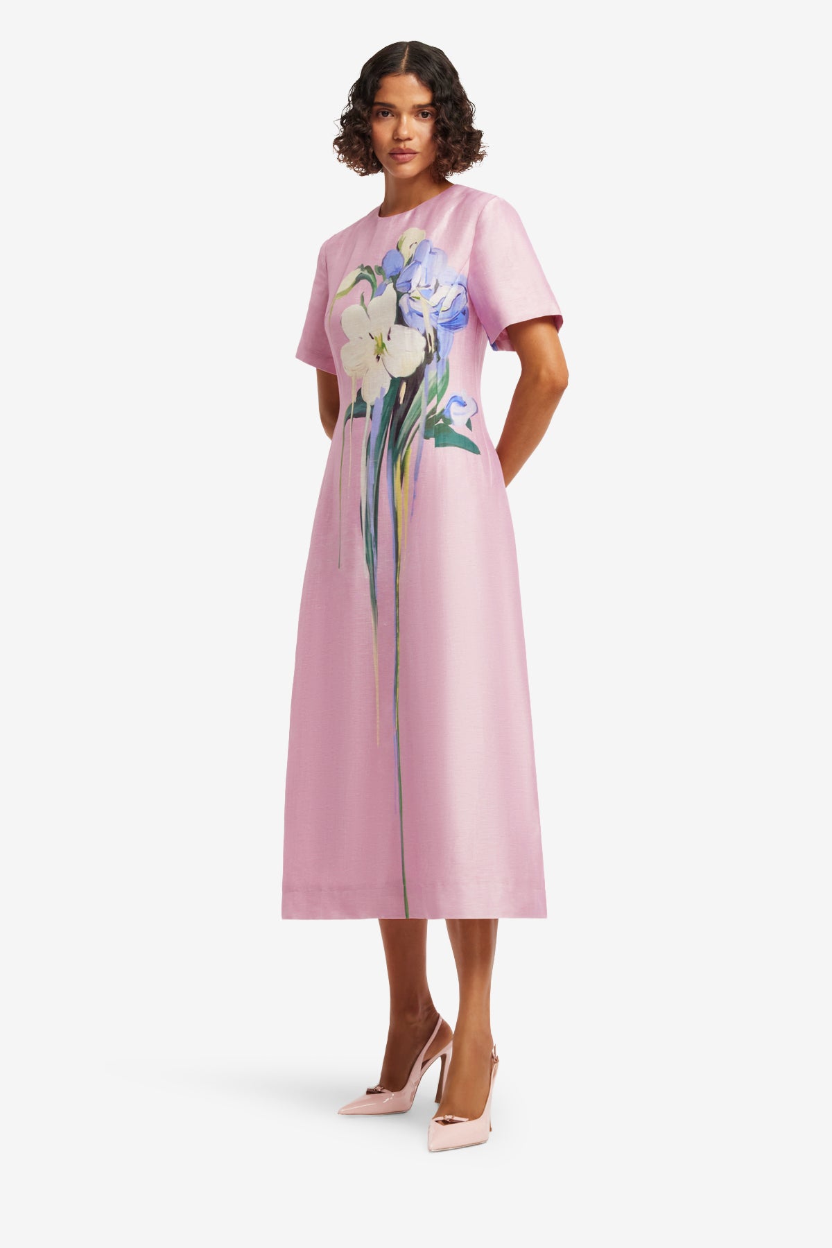 Leo Lin Caroline Short Sleeve Midi Dress - Bouquet Print in Pastel Pink