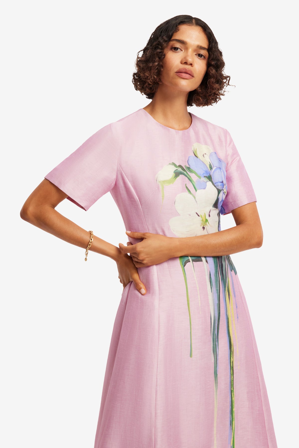 Leo Lin Caroline Short Sleeve Midi Dress - Bouquet Print in Pastel Pink
