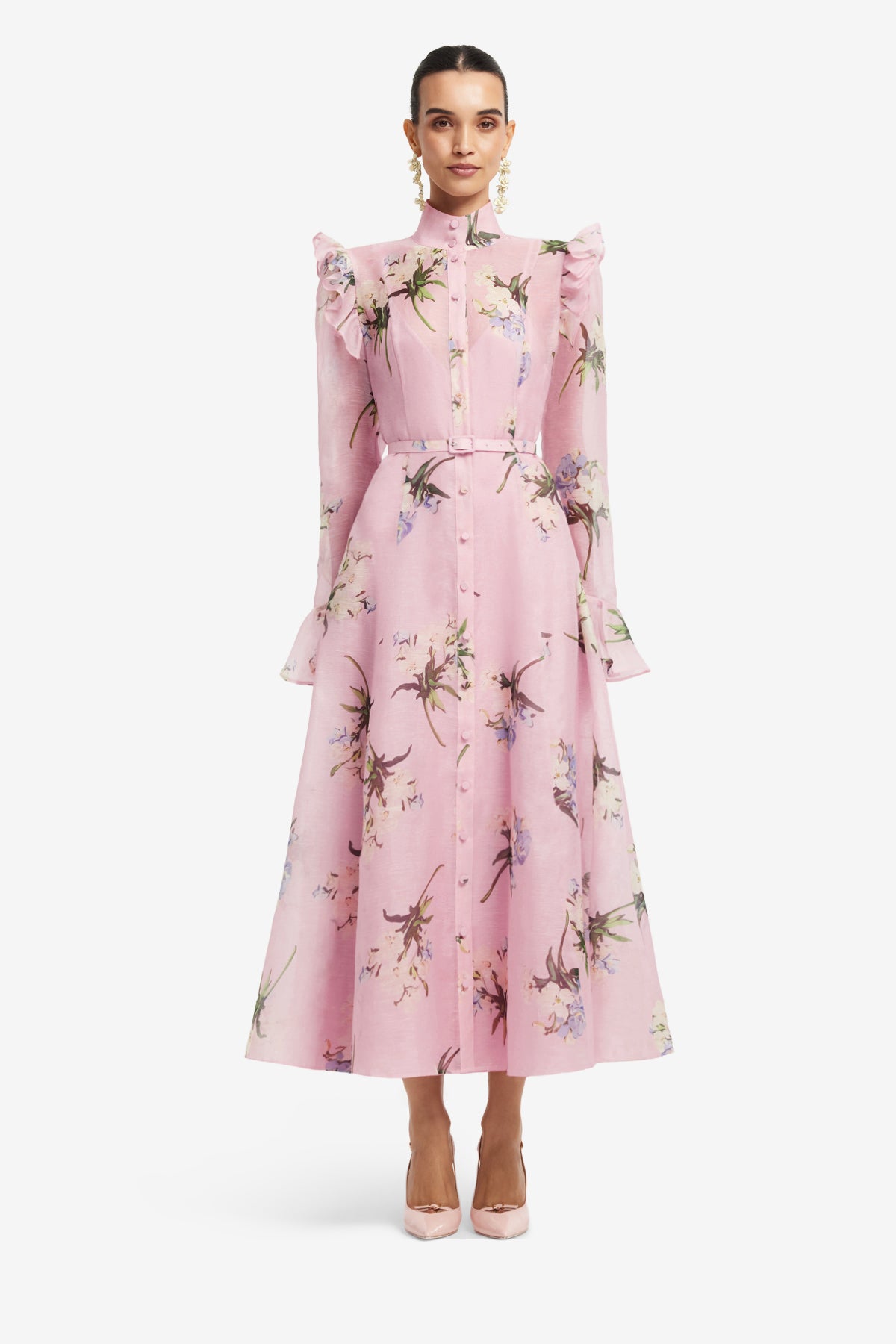 Leo Lin Katrina Butterfly Sleeve Midi Dress - Bouquet Print in Pastel Pink