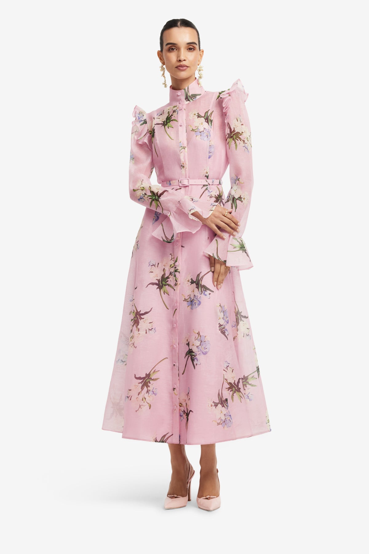 Leo Lin Katrina Butterfly Sleeve Midi Dress - Bouquet Print in Pastel Pink