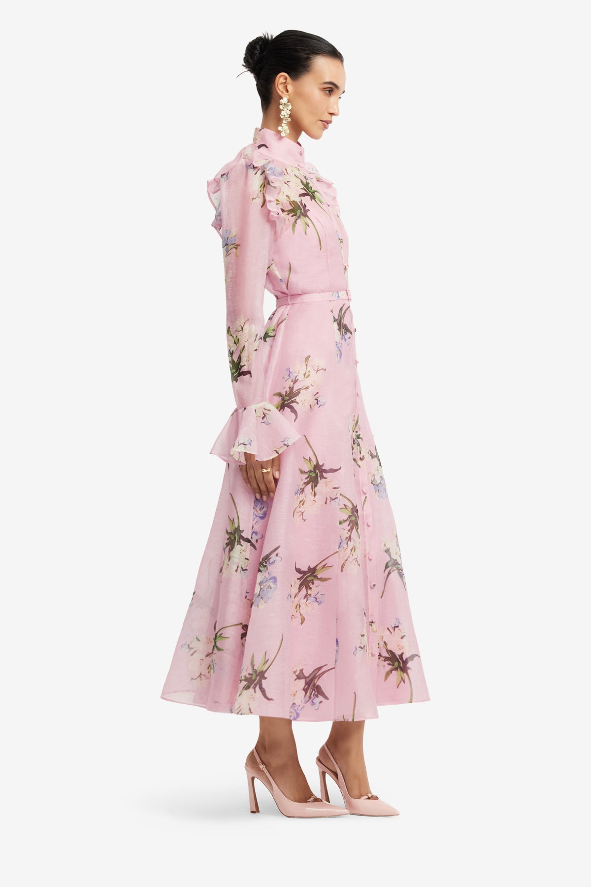 Leo Lin Katrina Butterfly Sleeve Midi Dress - Bouquet Print in Pastel Pink
