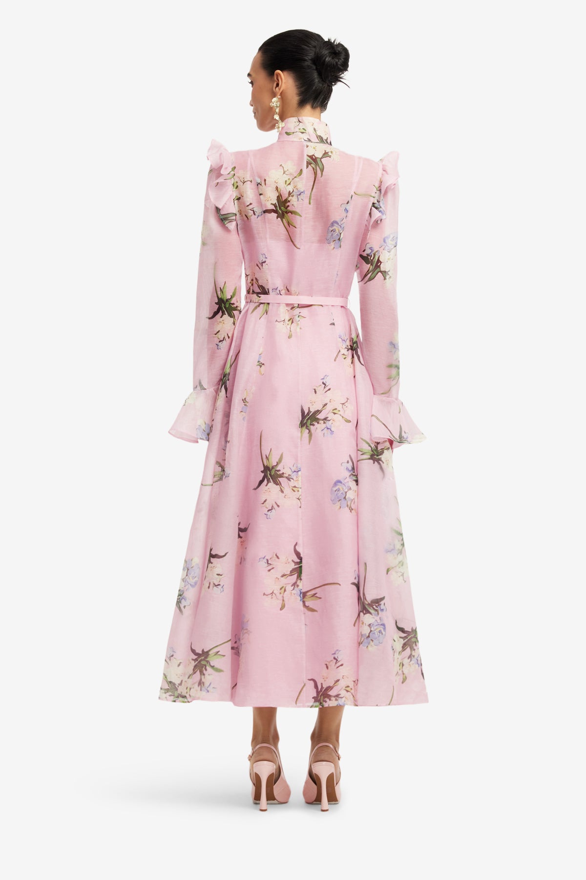 Leo Lin Katrina Butterfly Sleeve Midi Dress - Bouquet Print in Pastel Pink