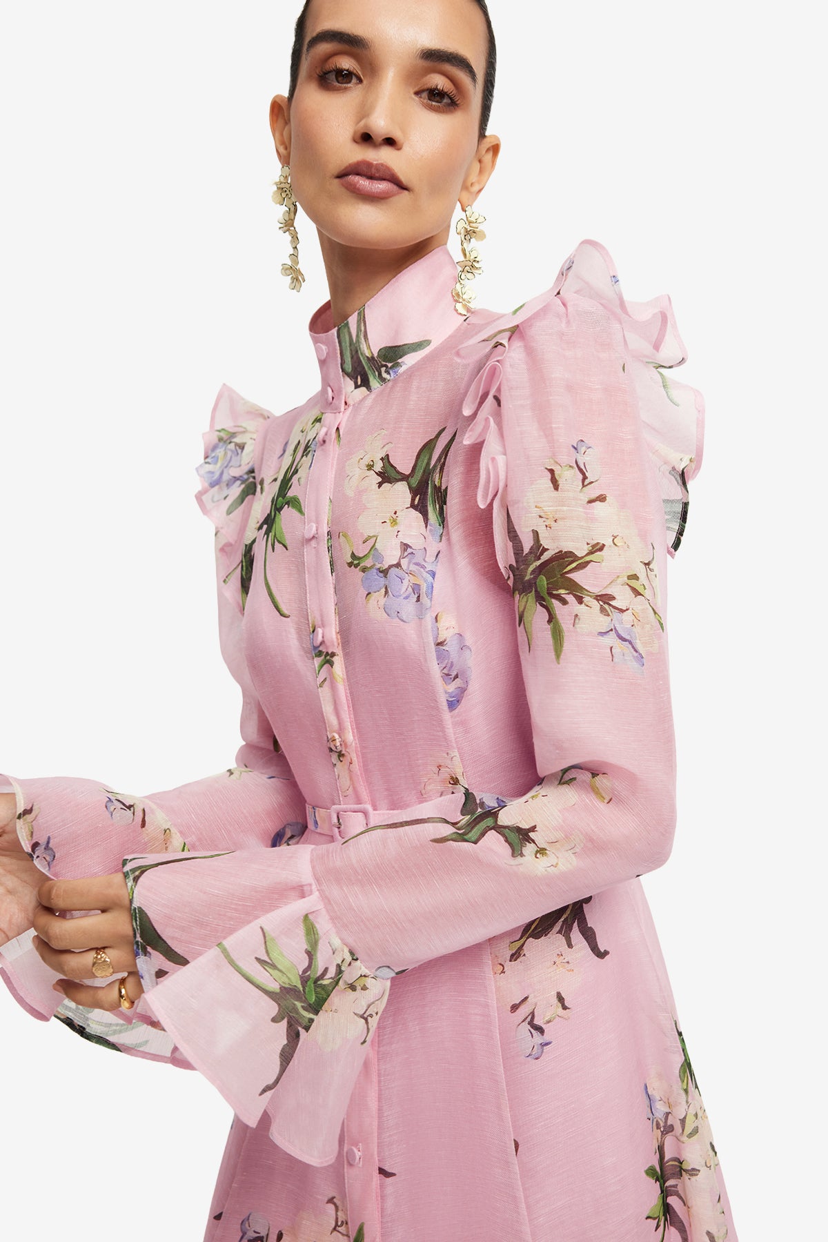 Leo Lin Katrina Butterfly Sleeve Midi Dress - Bouquet Print in Pastel Pink