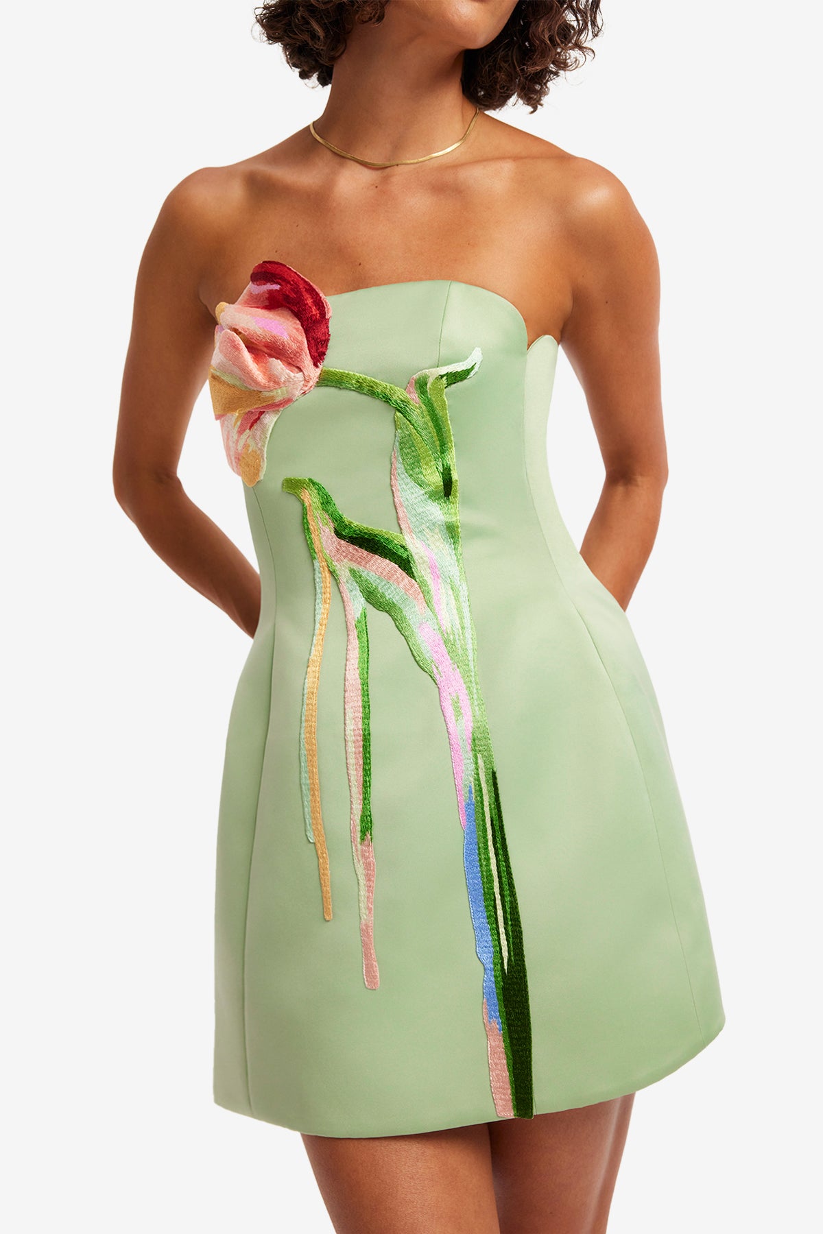 Leo Lin Roselle Cutout Buster Mini Dress - Tulip Print in Green