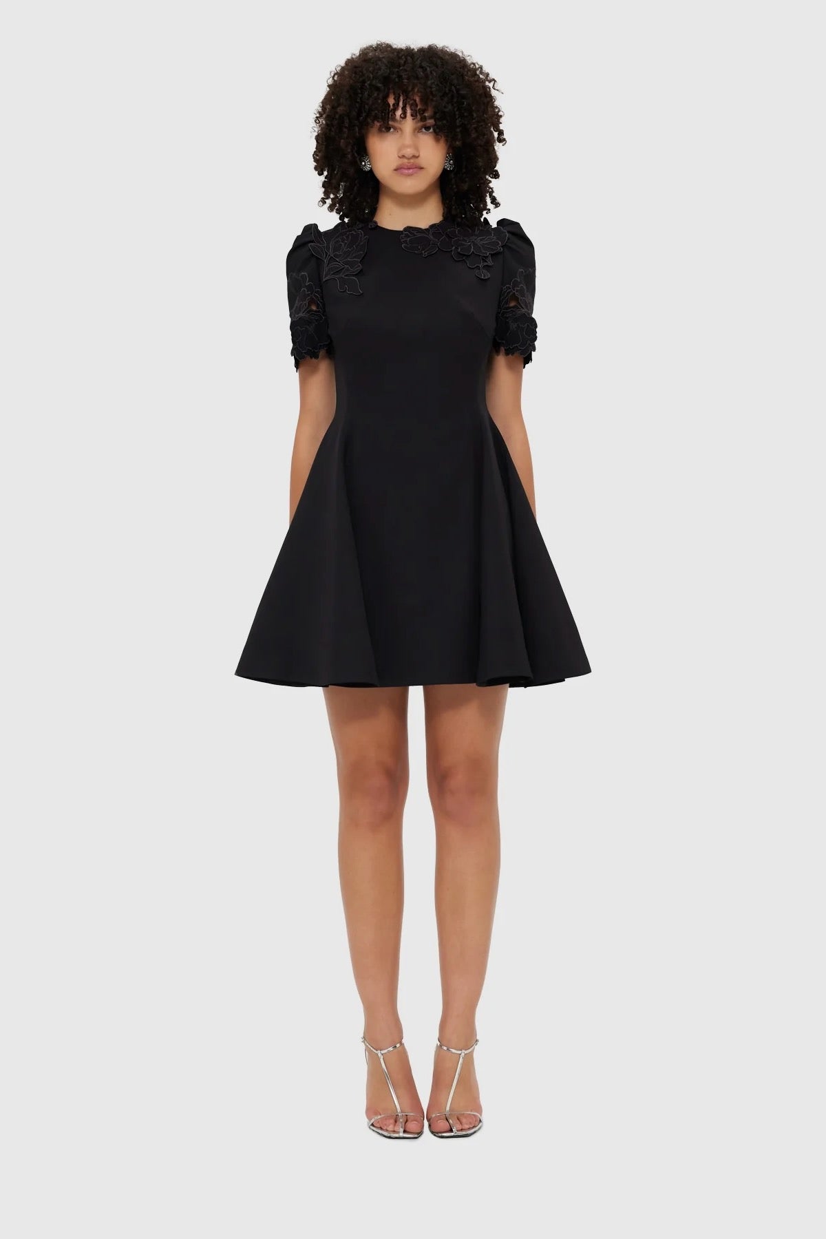 ebony in mini dress Leo Lin Elyse Appliqué Short Sleeve Mini Dress - Ebony