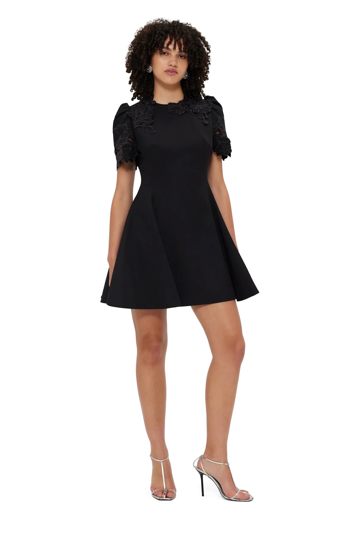 ebony mini dress Leo Lin Elyse Appliqué Short Sleeve Mini Dress - Ebony