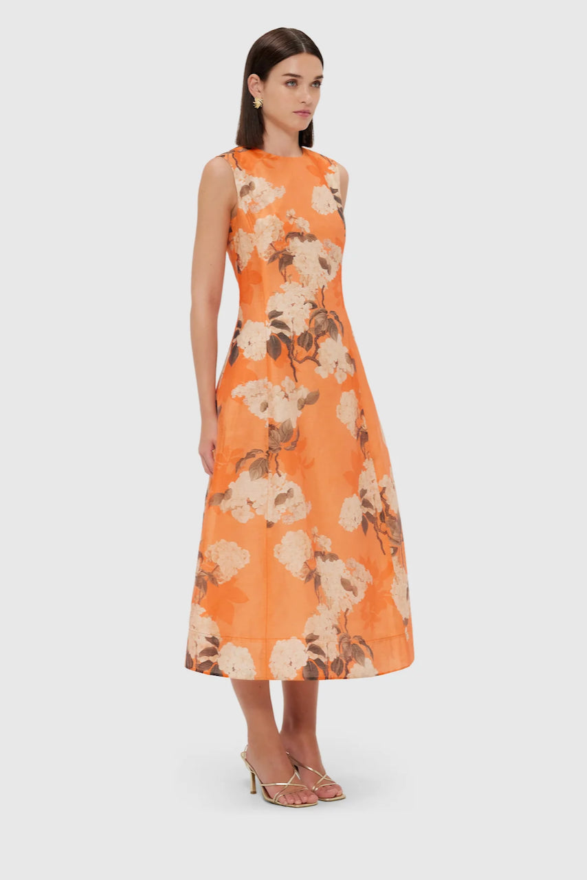 Leo Lin Cleo Sleeveless Midi Dress - Hydrangea Print in Tangerine