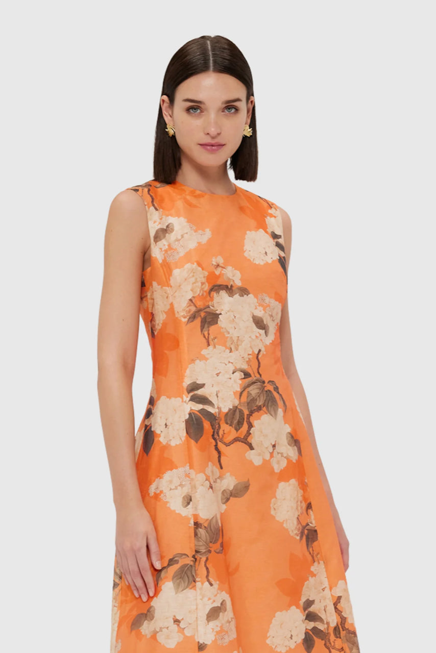 Leo Lin Cleo Sleeveless Midi Dress - Hydrangea Print in Tangerine - Dress Hire AU Leo Lin Cleo Sleeveless Midi Dress - Hydrangea Print in Tangerine - Dress Hire AU