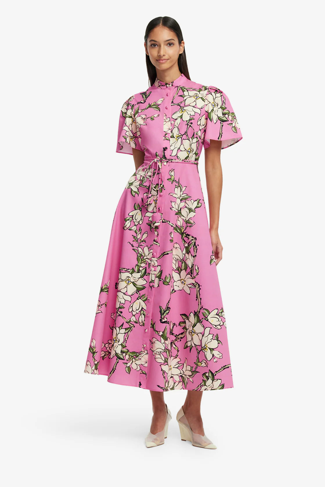 Leo Lin Bianca Short Sleeve Midi Dress - Pink Magnolia Print