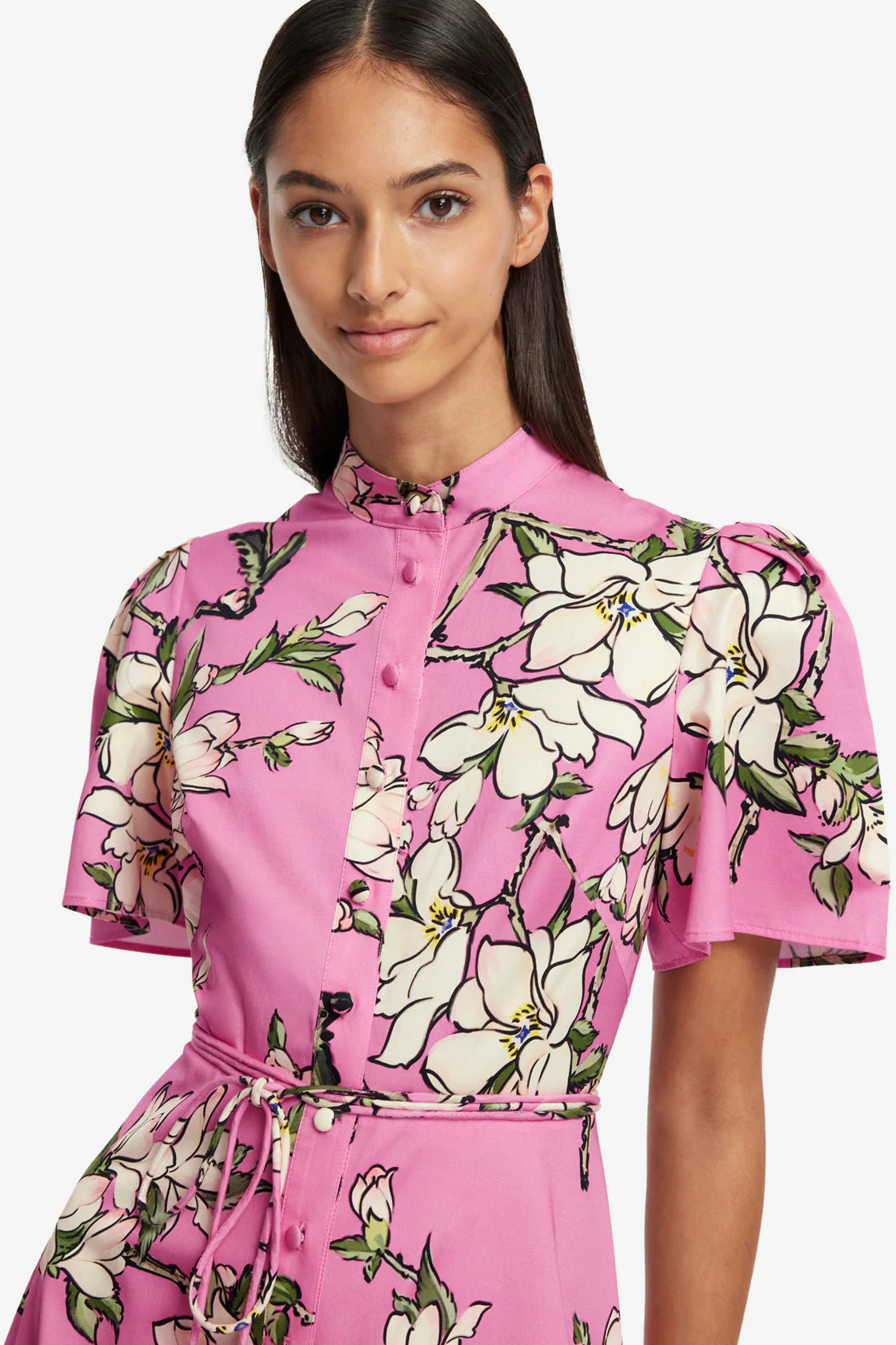 Leo Lin Bianca Short Sleeve Midi Dress - Pink Magnolia Print