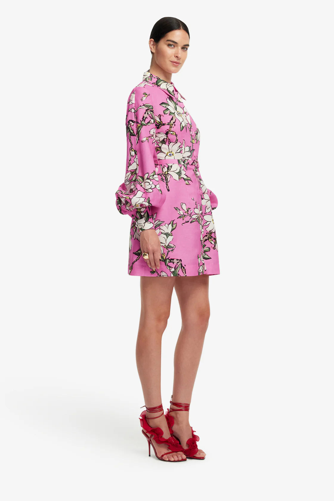 Leo Lin Luminous Linen Mini Dress - Pink Magnolia print