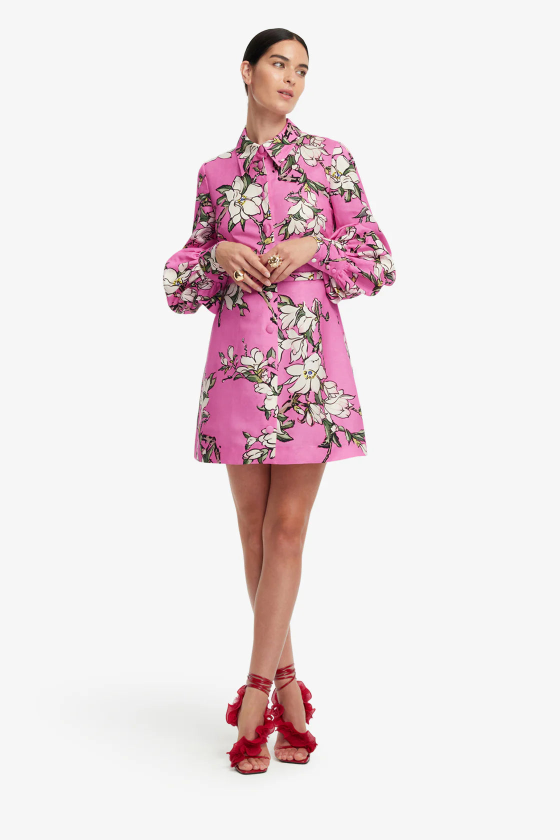 Leo Lin Luminous Linen Mini Dress - Pink Magnolia print