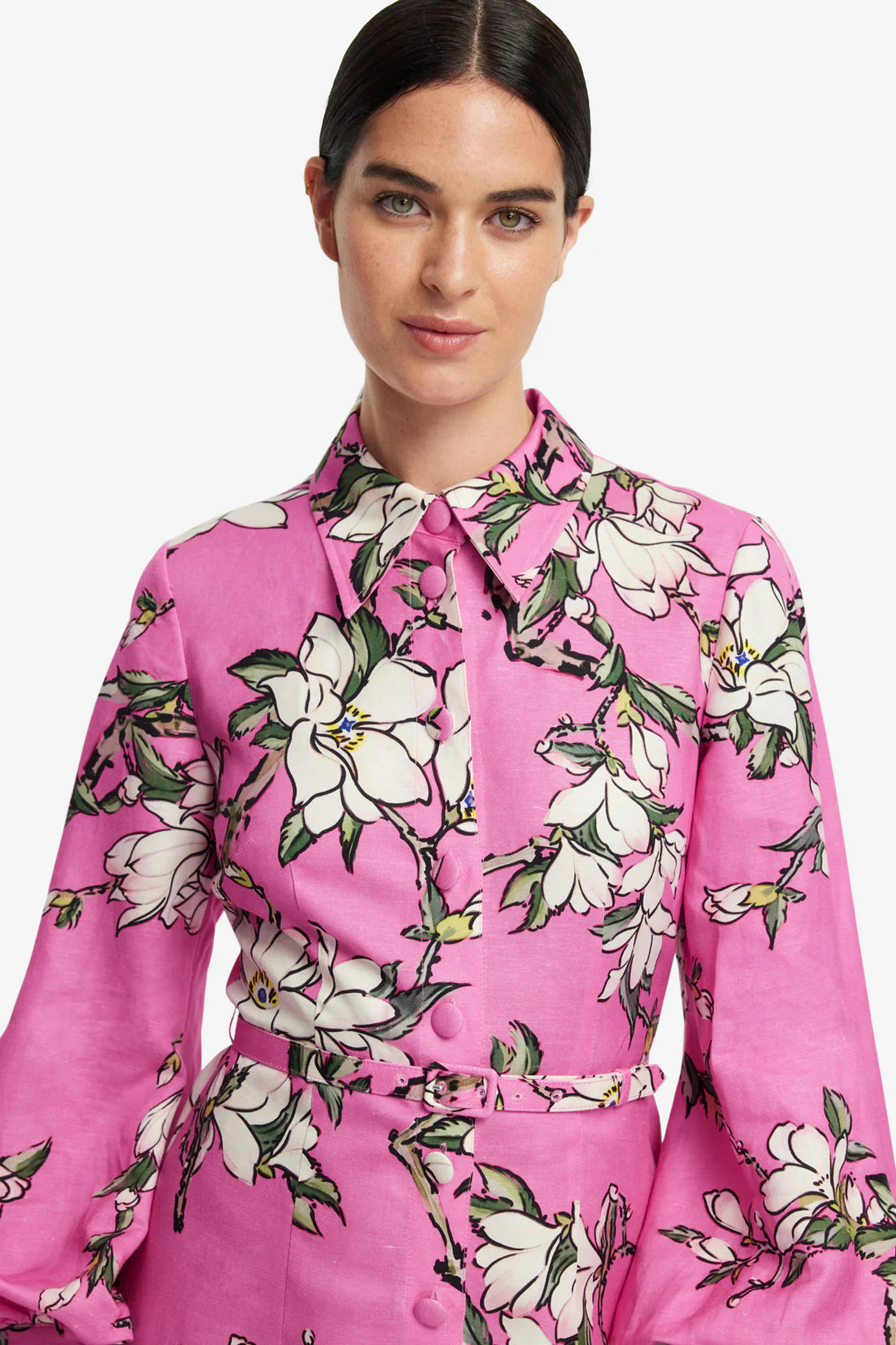 Leo Lin Luminous Linen Mini Dress - Pink Magnolia print