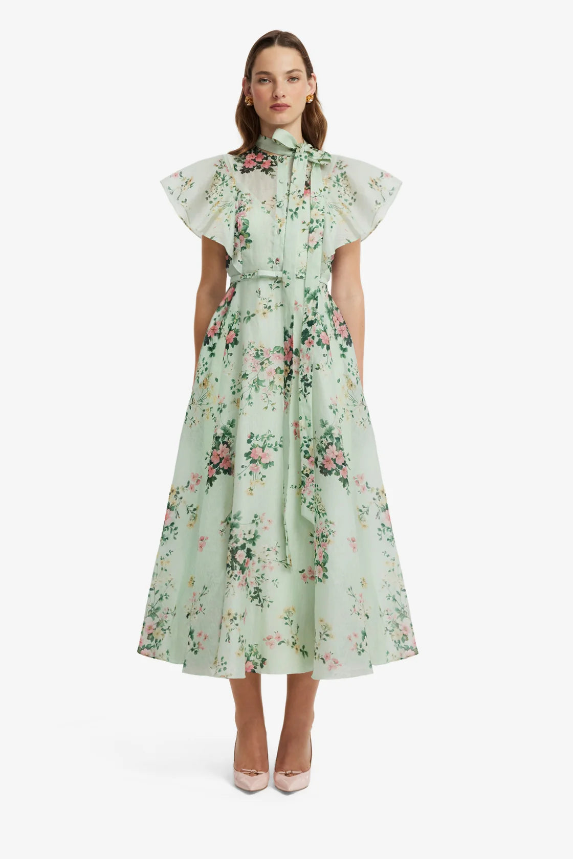Leo Lin Elsie Flutter Sleeve Midi Dress - Posy Print in Mint