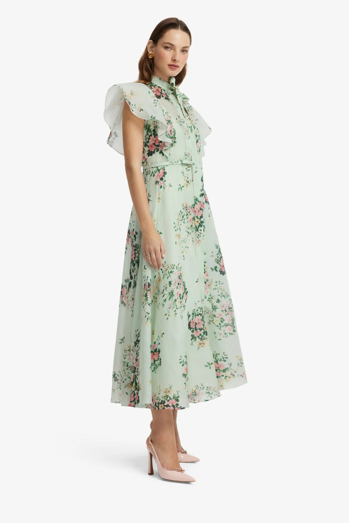 Leo Lin Elsie Flutter Sleeve Midi Dress - Posy Print in Mint