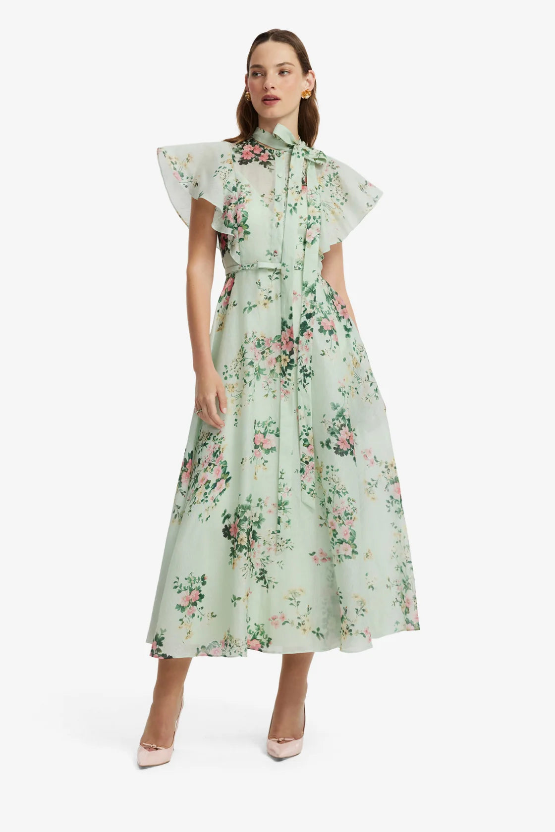 Leo Lin Elsie Flutter Sleeve Midi Dress - Posy Print in Mint