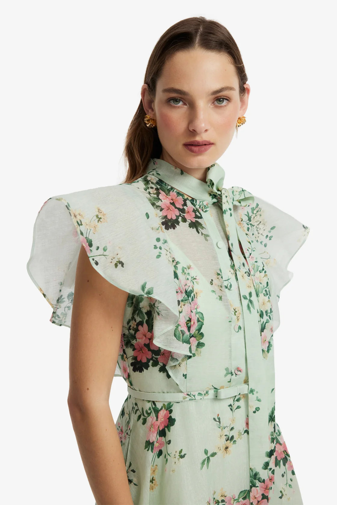 Leo Lin Elsie Flutter Sleeve Midi Dress - Posy Print in Mint