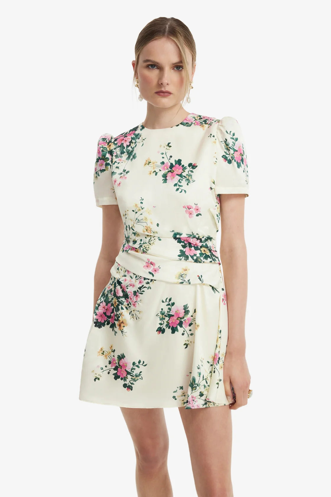 Leo Lin Elyse Short Sleeve Mini Dress - Posy Print in Snow