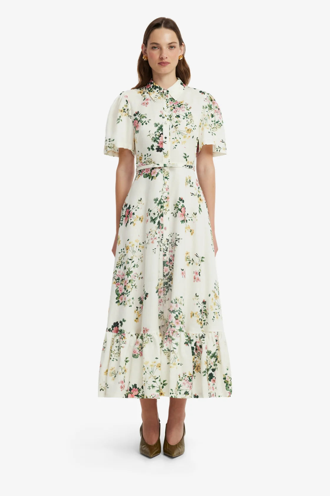 Leo Lin Becca Short Sleeve Midi Dress - Posy Print in Snow