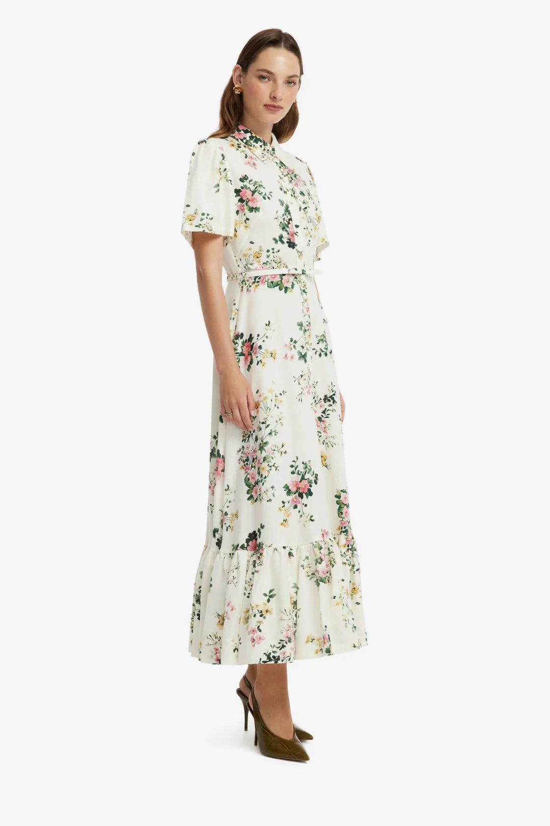Leo Lin Becca Short Sleeve Midi Dress - Posy Print in Snow